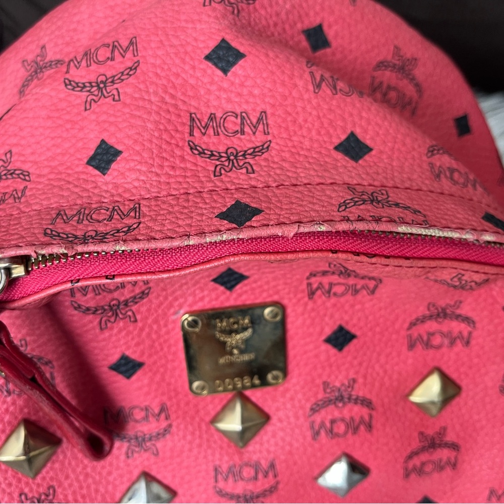 MCM Pink/Coral Logo Studded Backpack - Picture 3 of 16